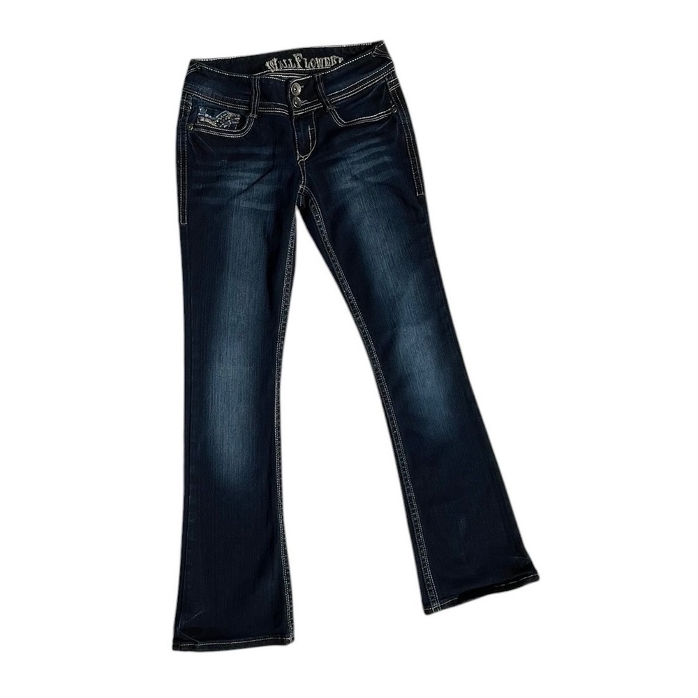 WallFlower Luscious Curvy Bootcut Jean Dark Wash Embroidered Sequins Studs 29x31